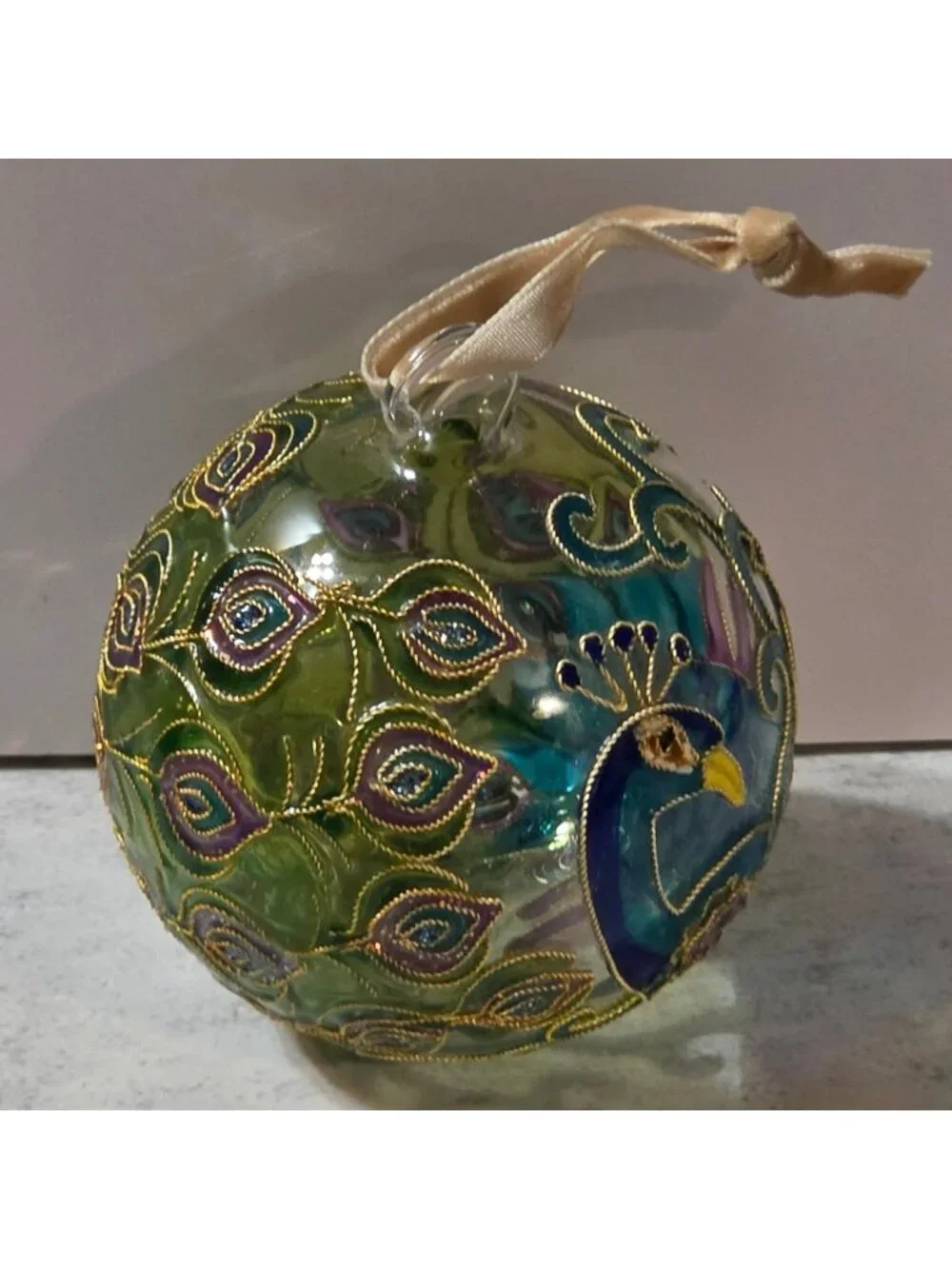 World Market Peacock Cloisonne Glass Christmas Ornament 3